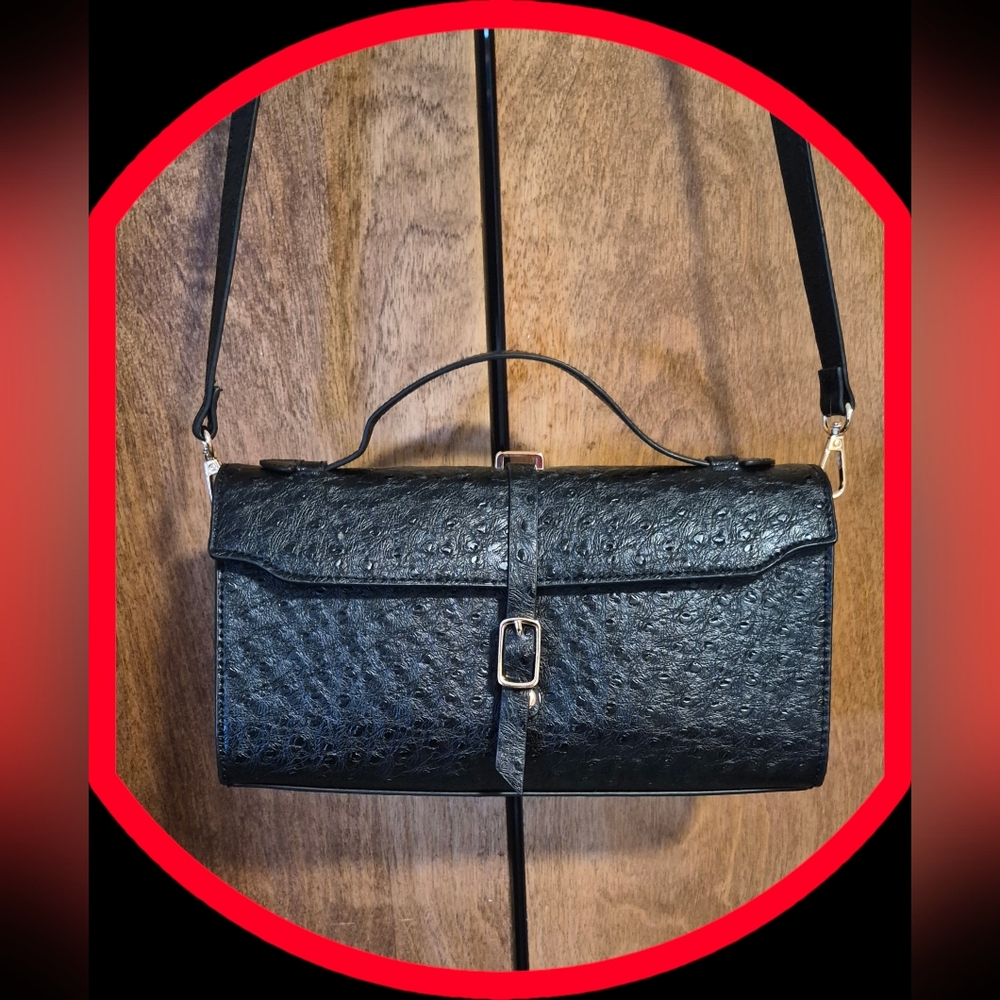 Urban Expressions Black Vegan Leather Embrossed Ostrich Print Crossbody Bag NWOT